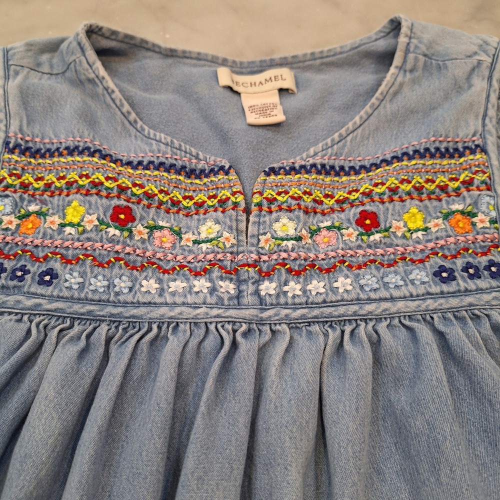 Bechamel Denim Dress Sm Blue Embroidered Floral Boho Oversized Midi‎ Cottagecore